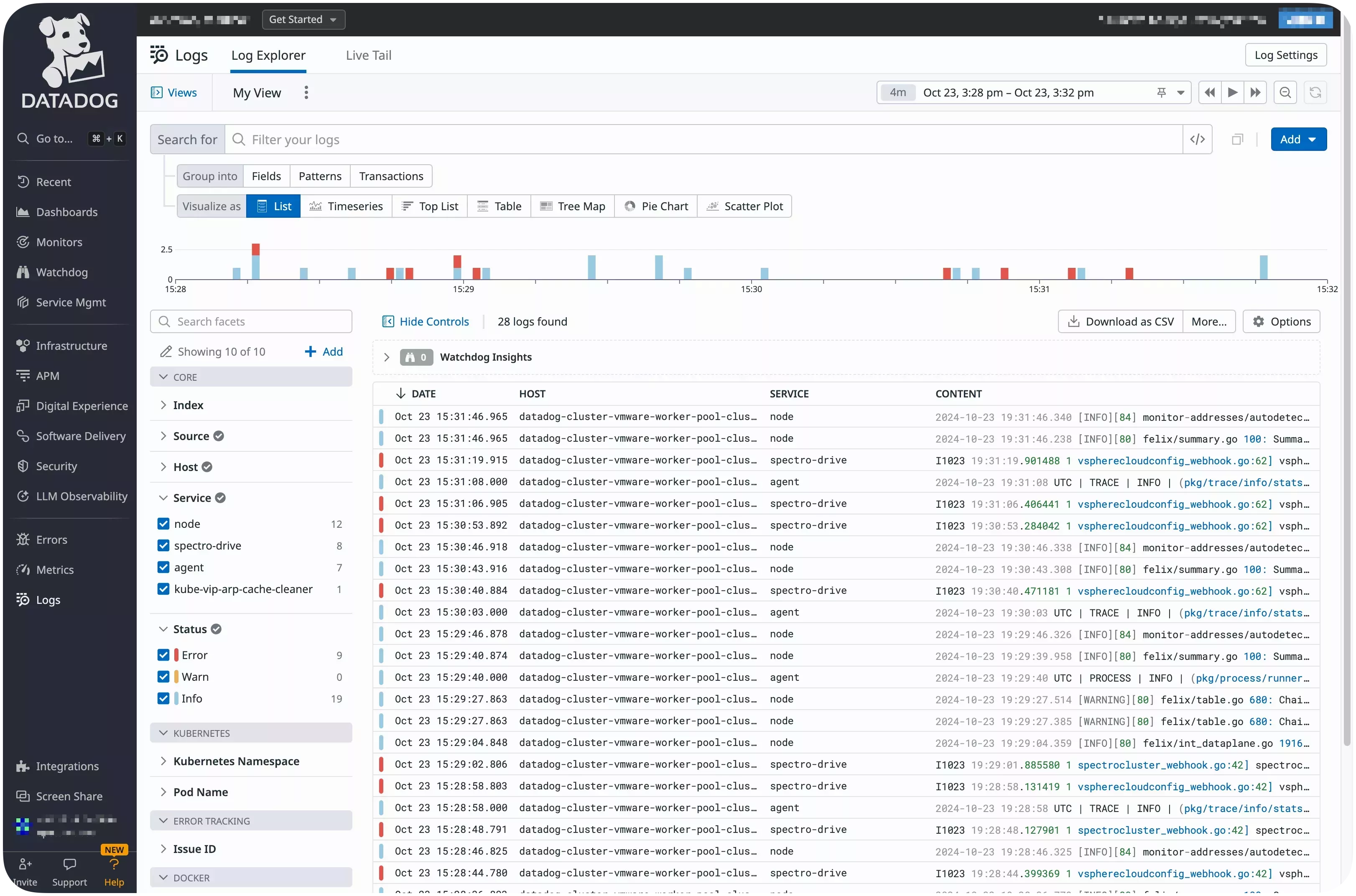 Datadog UI Displaying the Logs