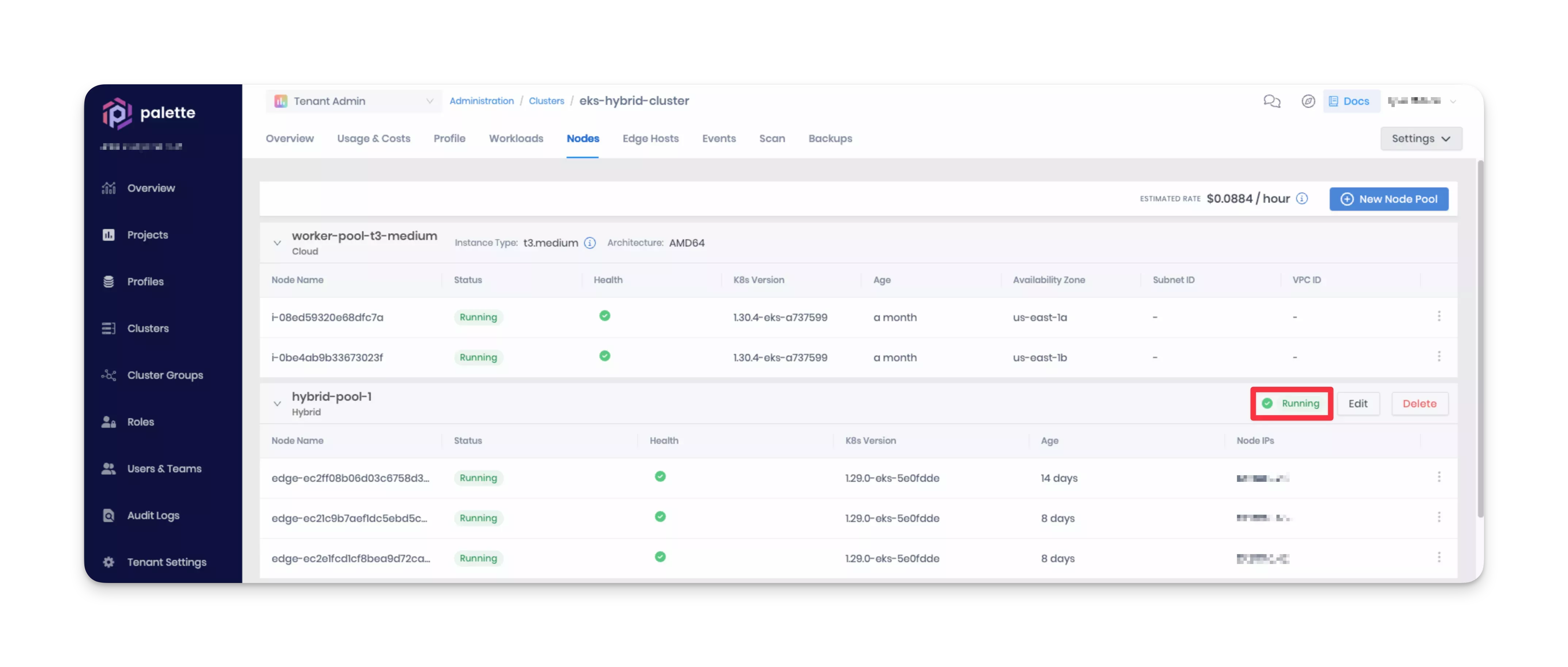 An active hybrid node pool on the Nodes tab