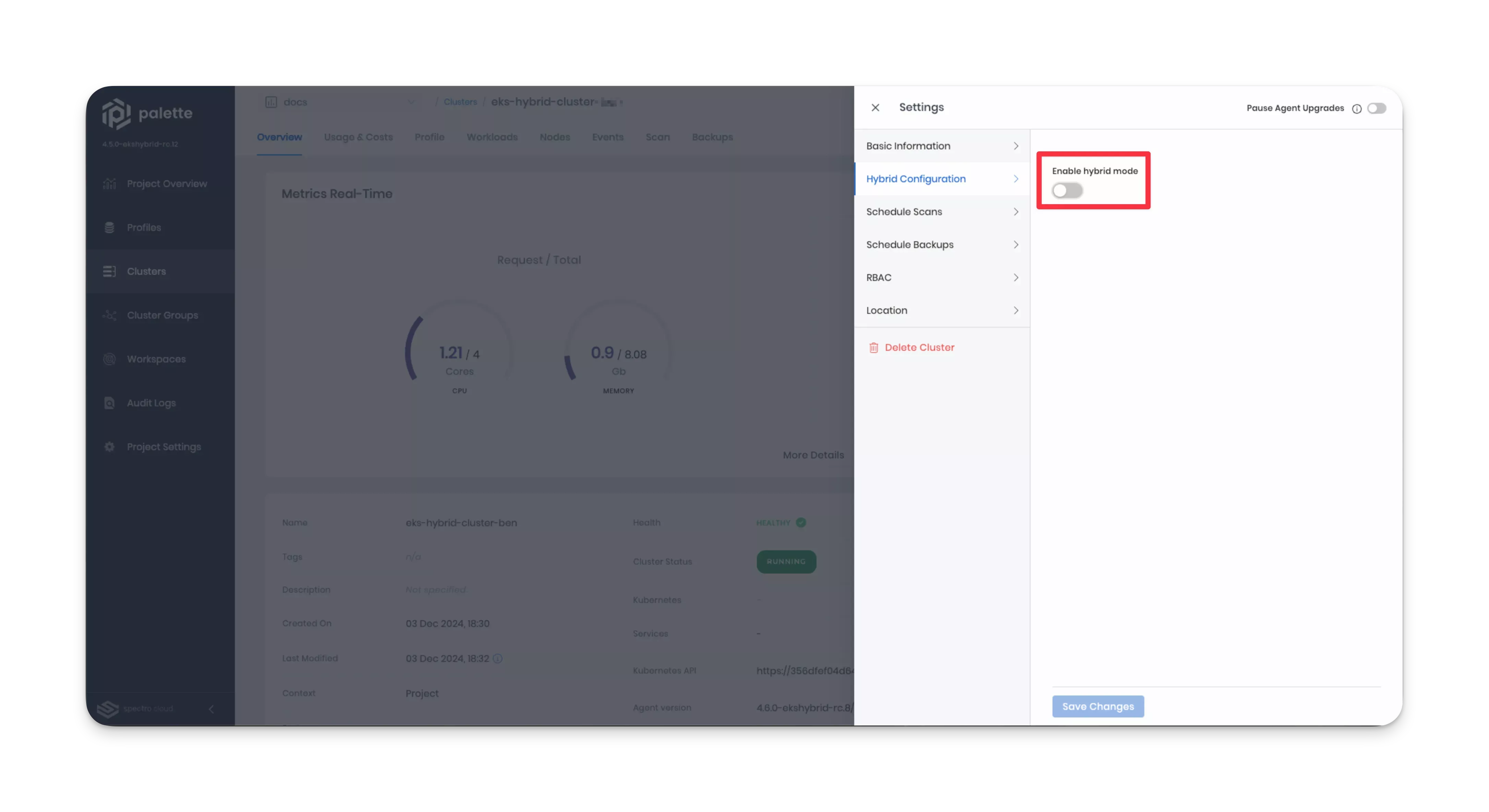 Enable hybrid mode in Hybrid Configuration - Cluster Settings Menu