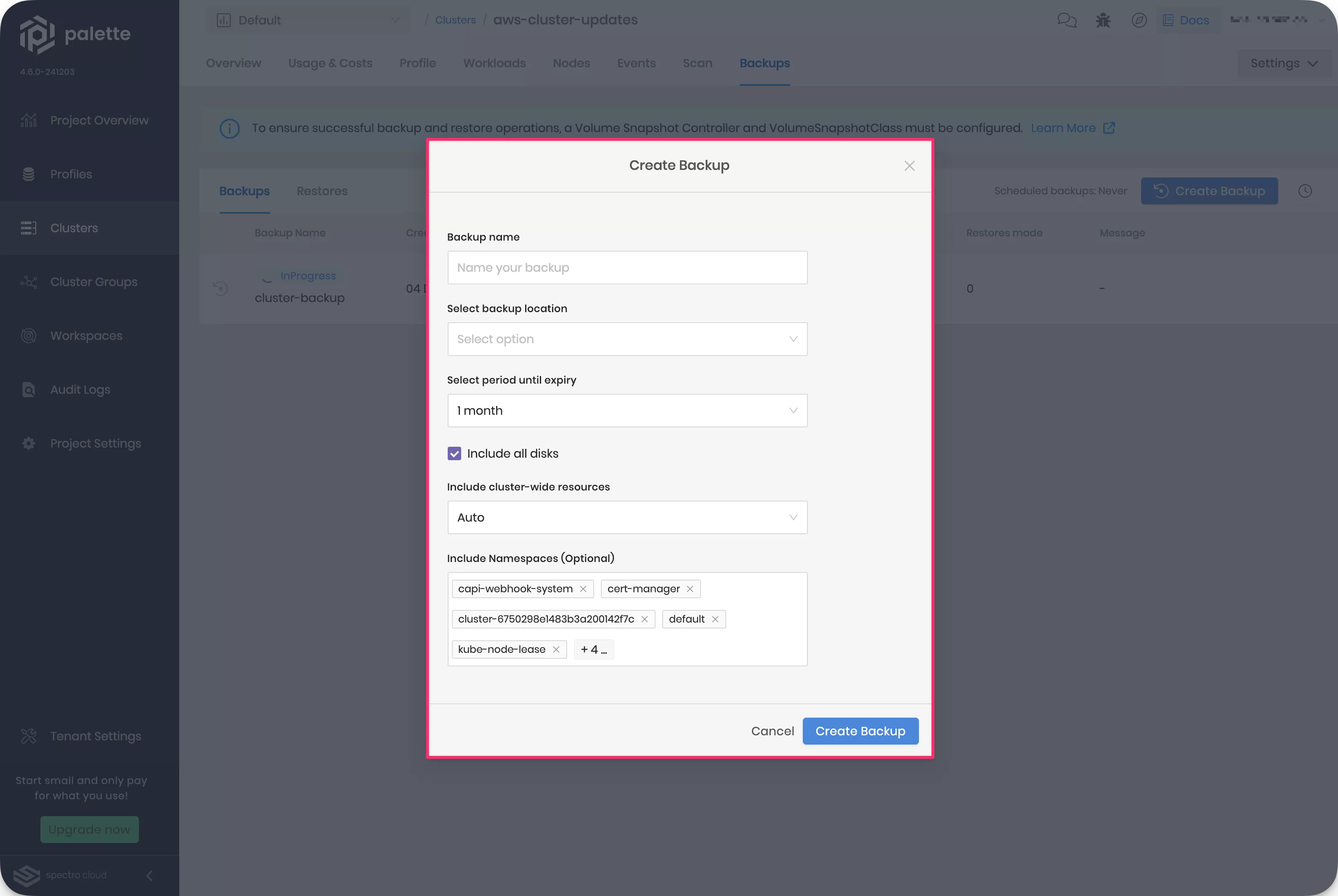 A screenshot highlighting the fields for an on-demand backup for an existing cluster.