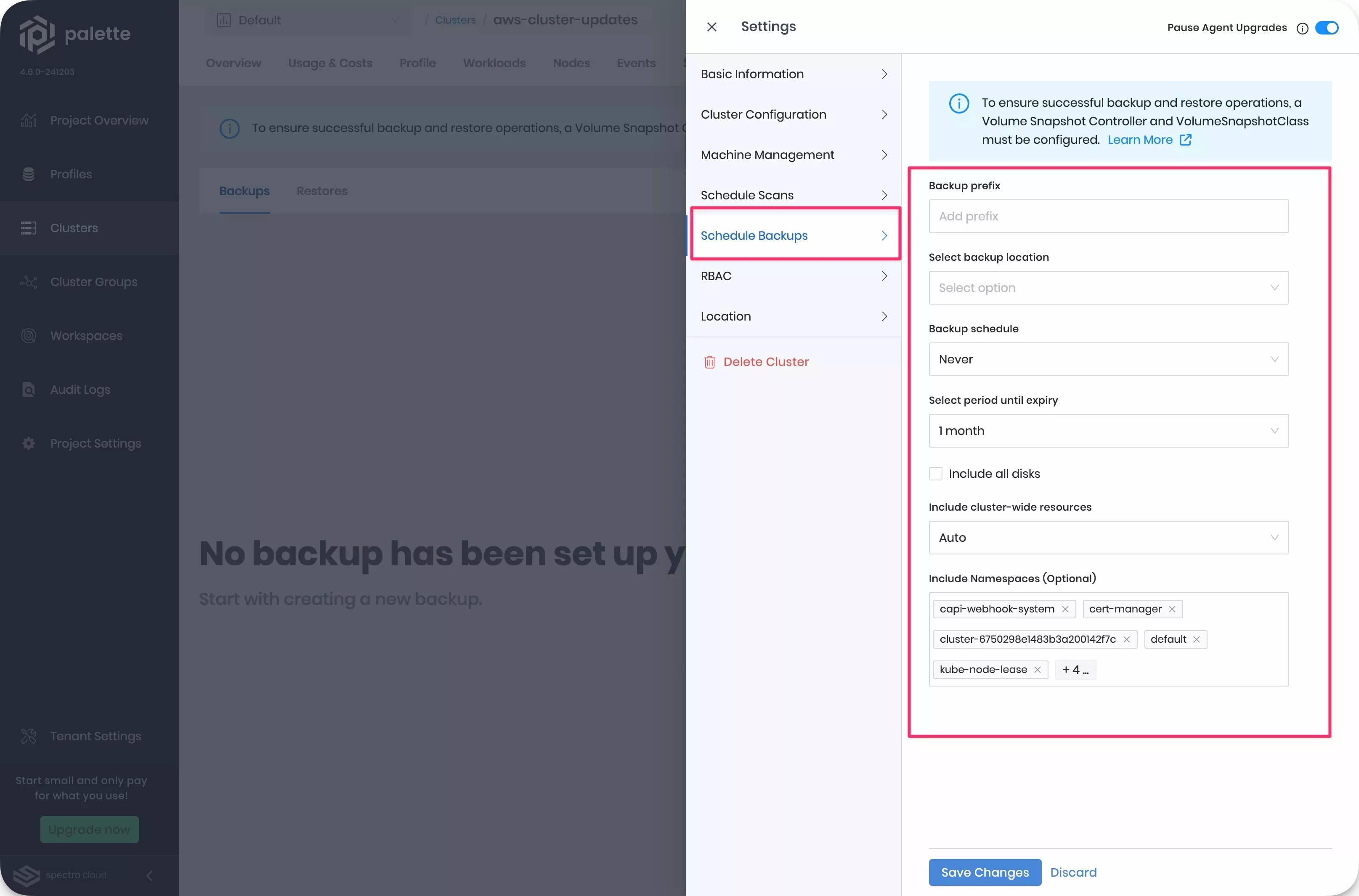 A screenshot highlighting the fields for scheduling a backup for an existing cluster.