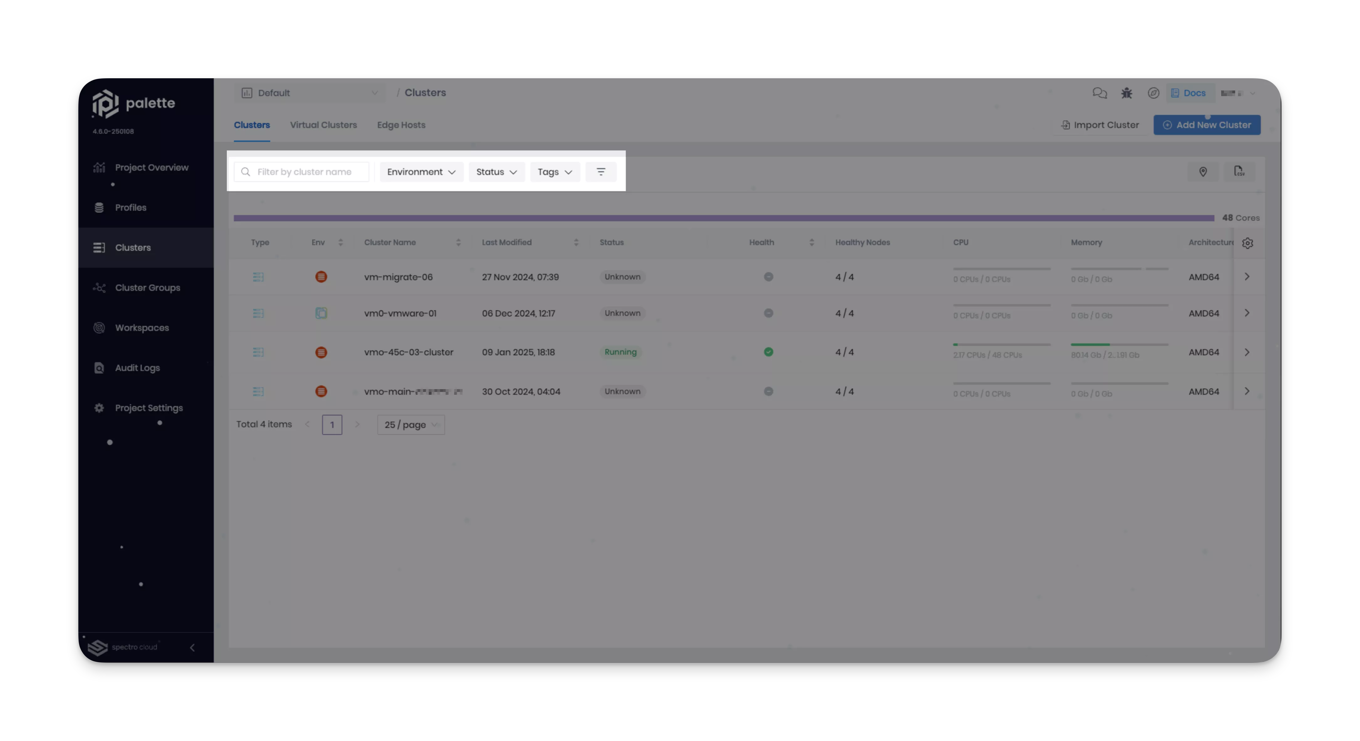 Cluster list view