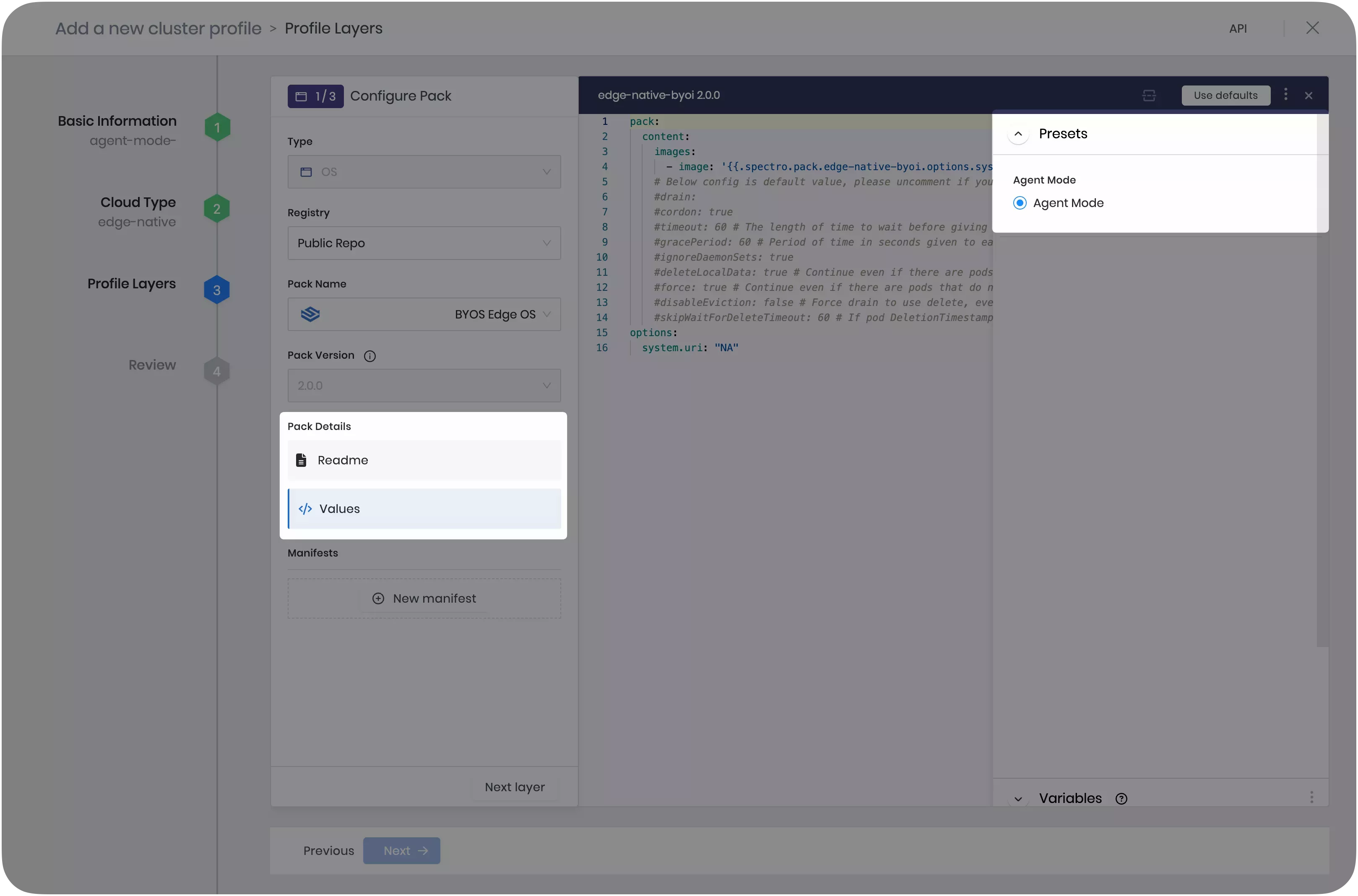 View of the cluster profile creation page with the BYOS pack.