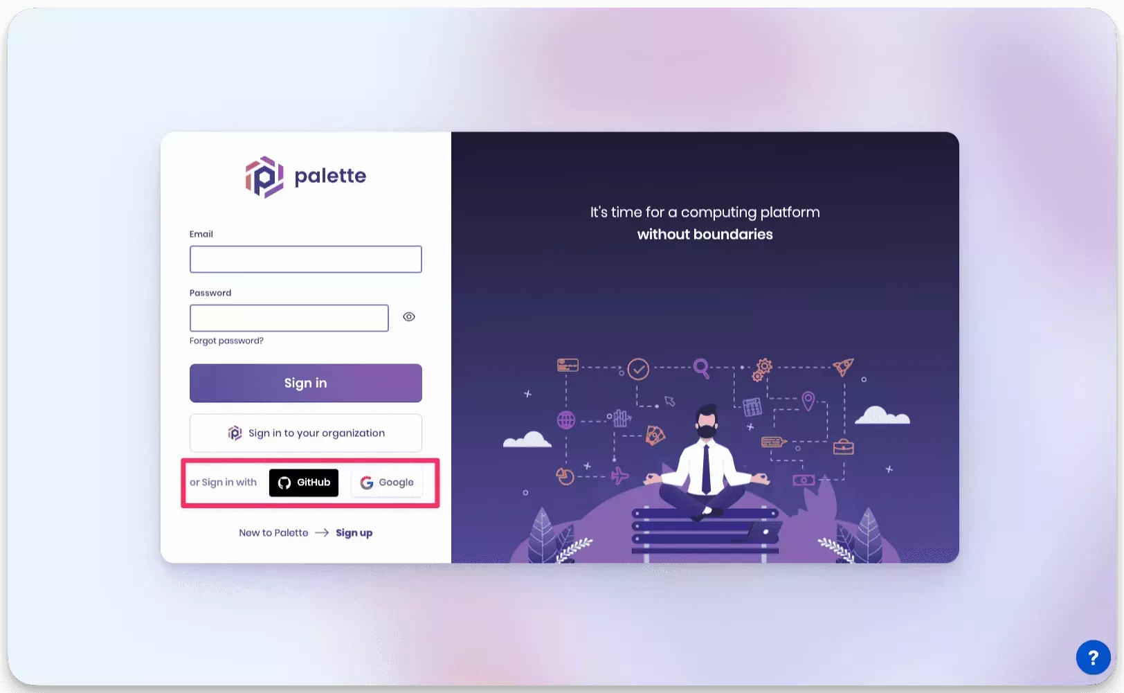 Palette&#39;s login view with the SSO providers highlighted.
