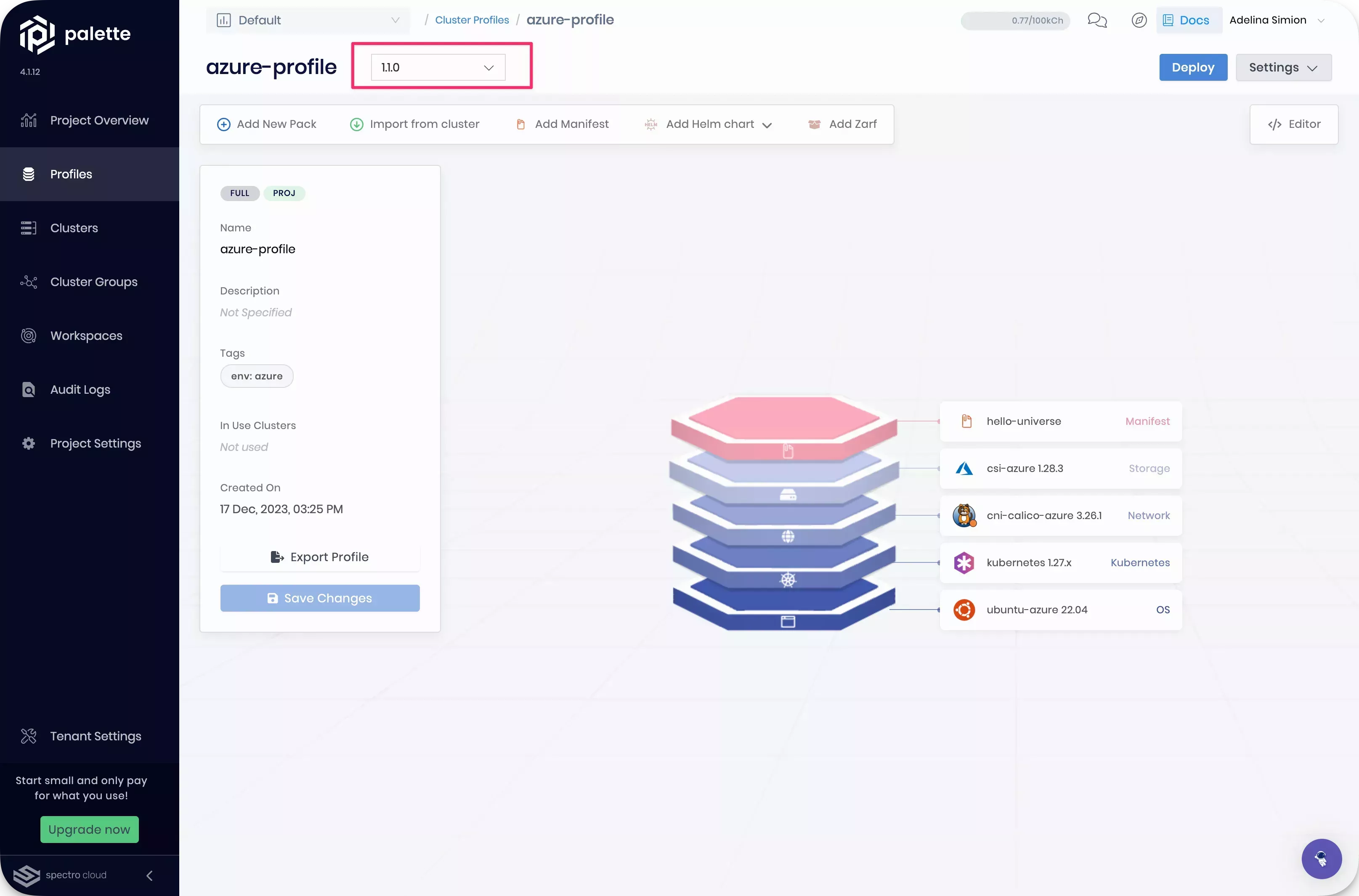 Image that shows cluster profile version 1.1.0