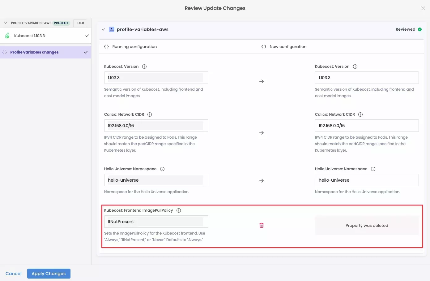 Deleting a profile variable from a cluster using cluster profile versioning