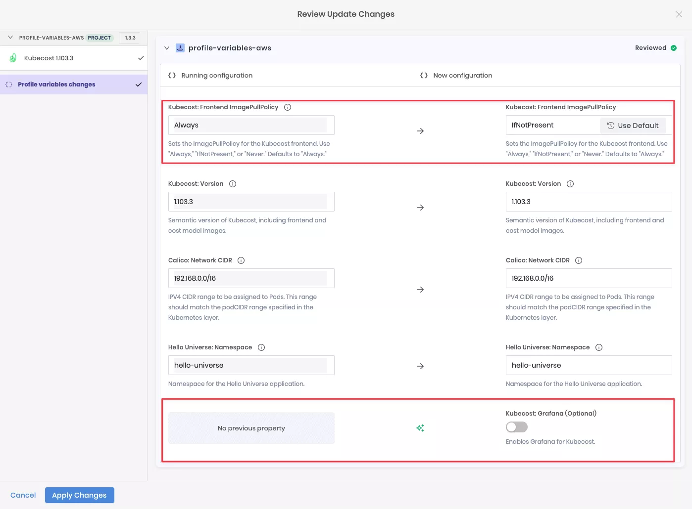 Reviewing profile variable changes using the Change Summary Process