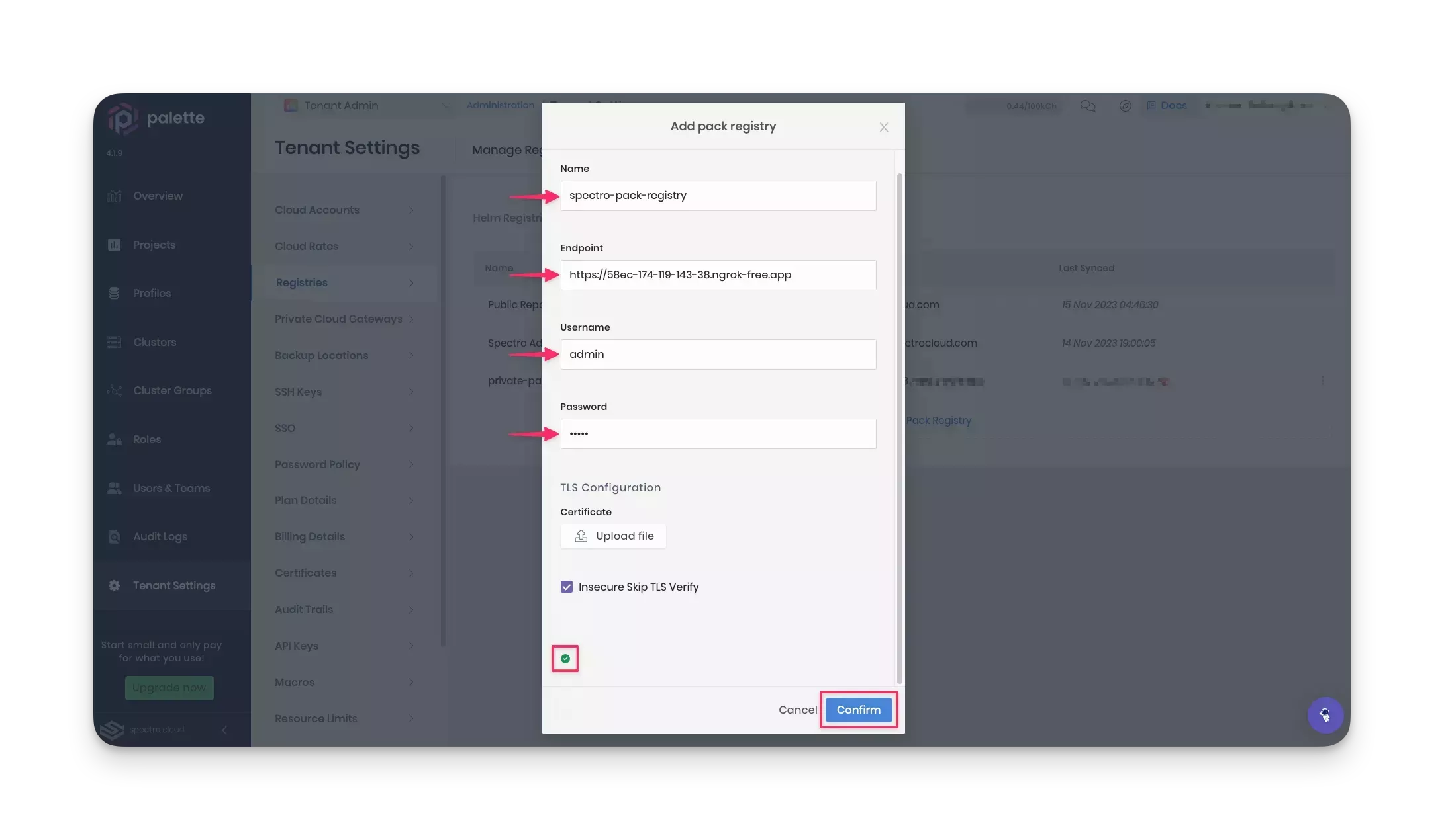 Screenshot of registry server edit option in Palette tenant settings.