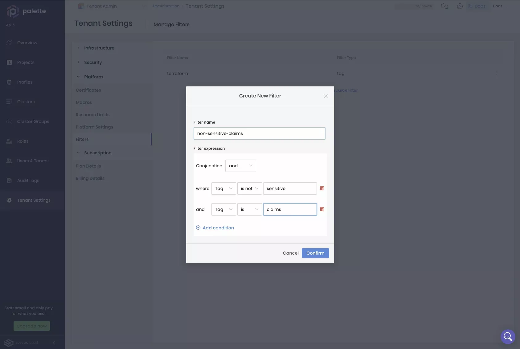 A view of the Add Resource Filter wizard with two tag expressions - tag is not equal to the value sensitive, and the tag is equal to the value claims.