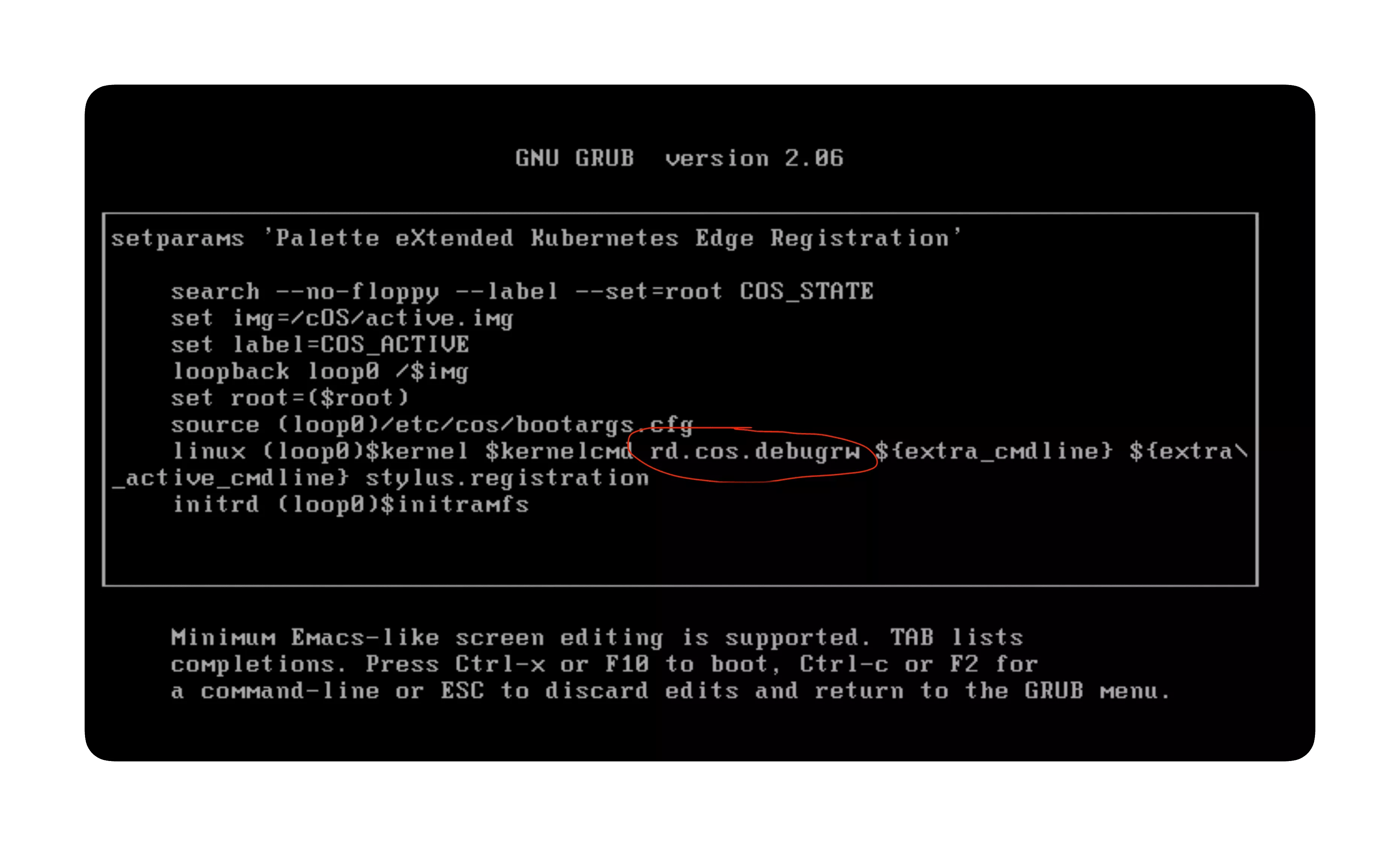 The grub menu displays with the command rd.cos.debugrw typed in the terminal.