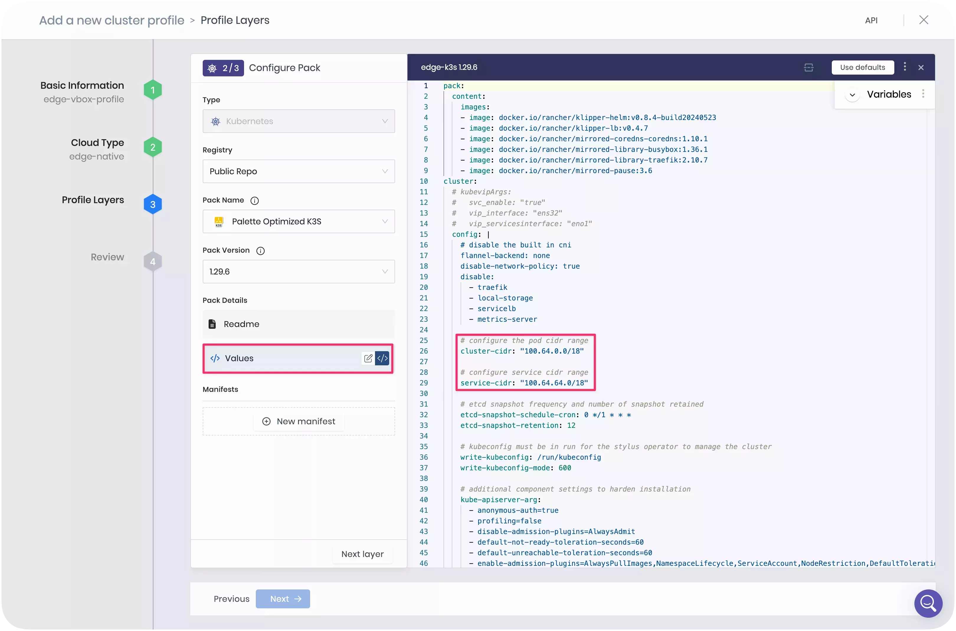 A screenshot of the cluster profile creation step with the Kubernetes layer.