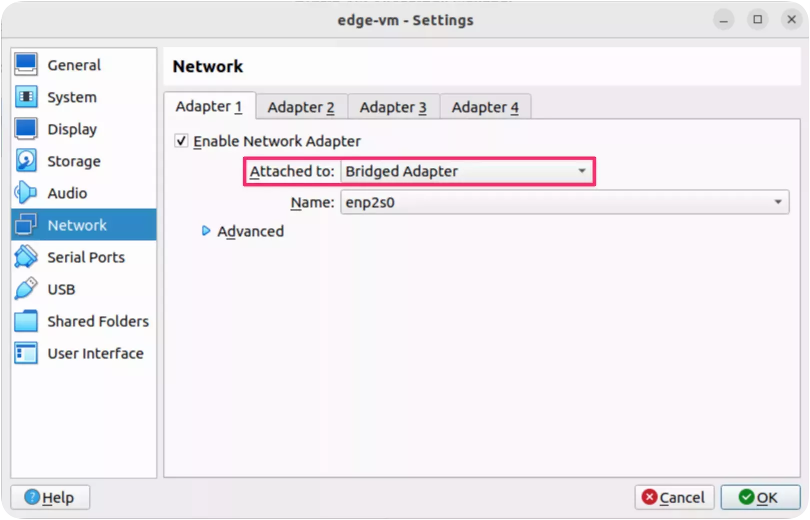 A screenshot of the VirtualBox VM network configuration.