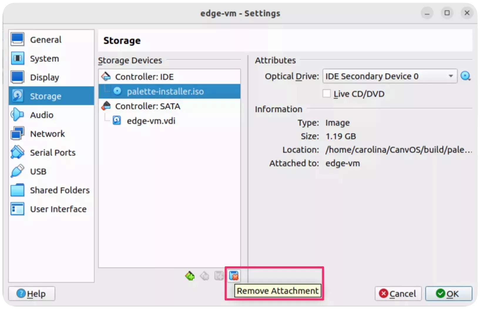 A screenshot of the VirtualBox VM storage configuration.