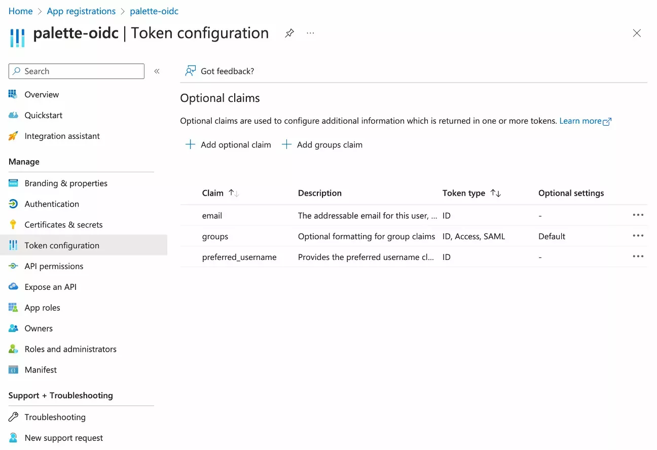 A view of the token configuration screen