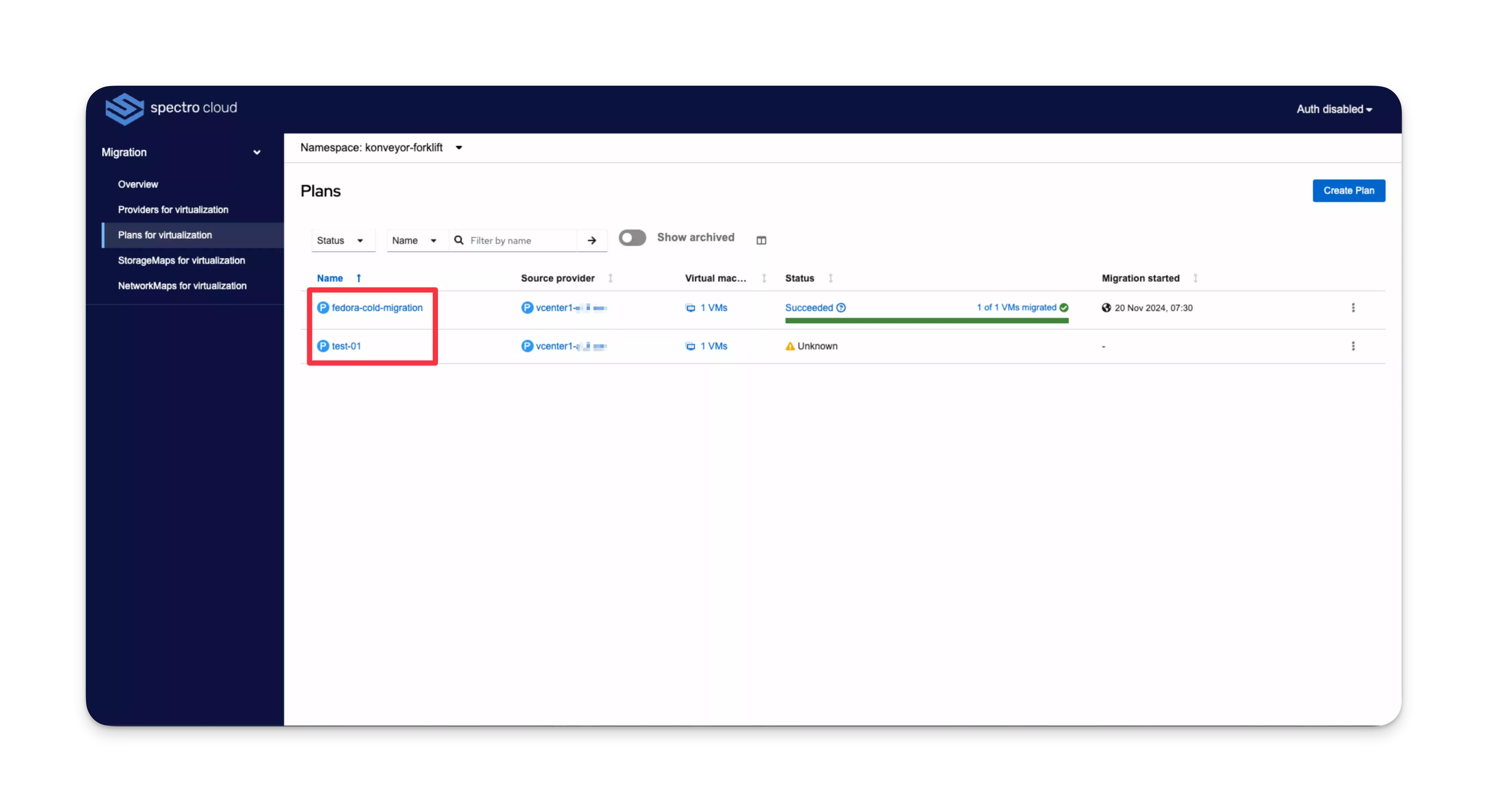 Plans for virtualization - Plans Table